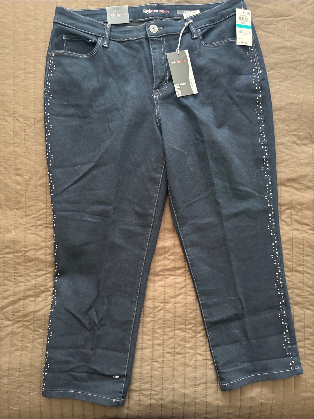Style & Co. Navy Capri Mid Rise Jeans/ Curvy Fit with Side Rhinestone Trim